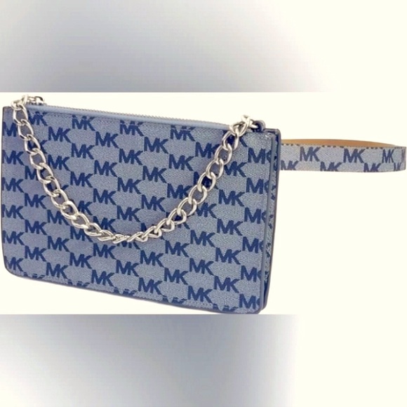 Belt Bag Michael Kors Blue w/ Silver Signature Logo Fanny Pack Size 8.25”x5.25” - Picture 2 of 10